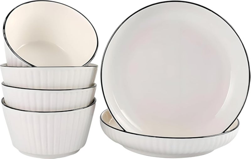 طقم أدوات مائدة من البورسلين - طقم أطباق وأوعية شوربة مستديرة بتصميم عصري، لون أبيض سادة، 6 قطع، مصمم لعشاء أنيق يومي ومناسبات خاصة